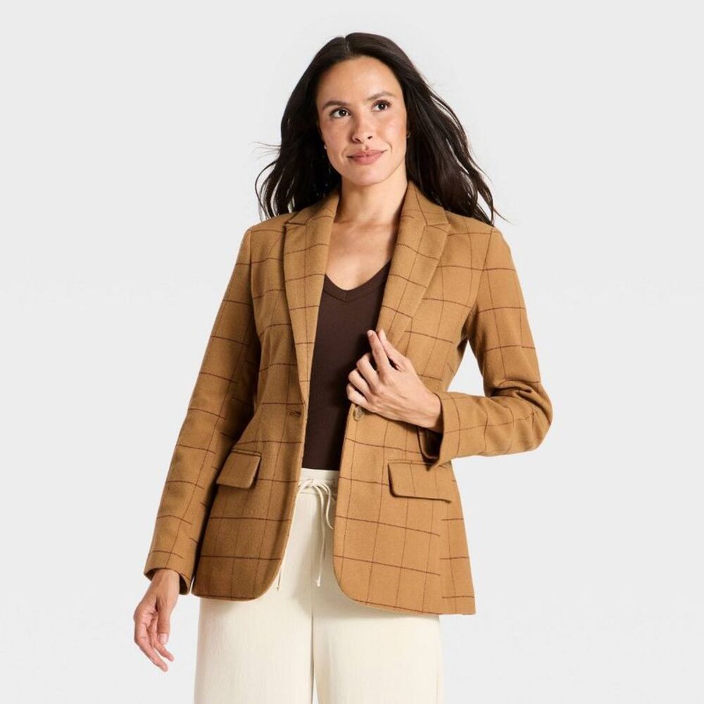 Women's Long Sleeve Button Blazer - A New Day Brown Plaid S